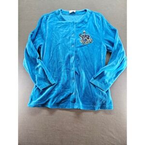 Peter Hahn Blue Velour Embroidered Floral Snap Front Cardigan Jacket Womens